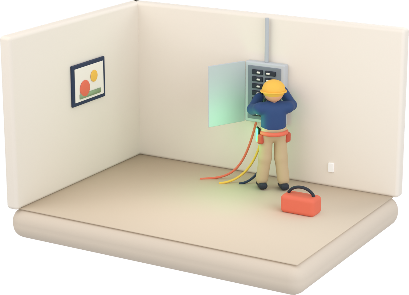 an electrician at a breaker panel on the job while Juniper handles the call