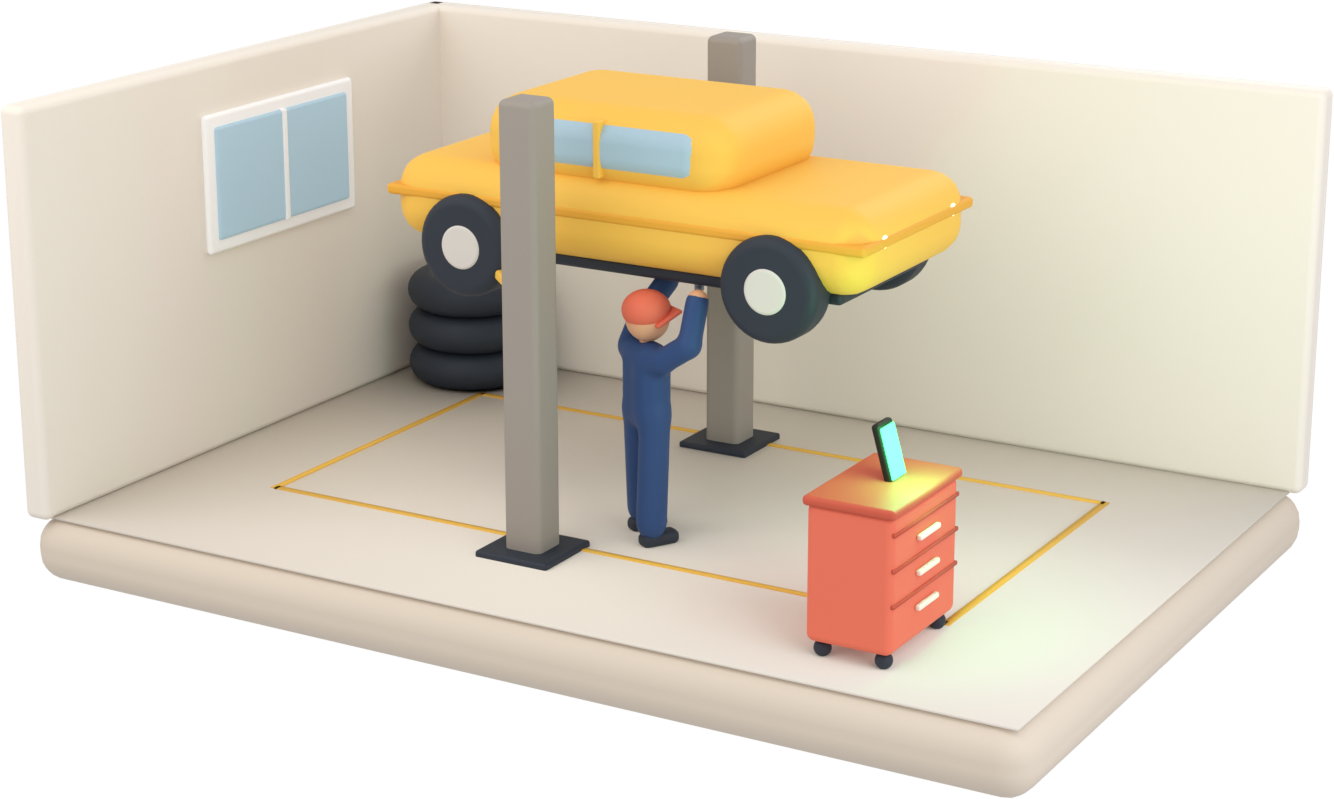 a mechanic under a car on the job while Juniper handles the call