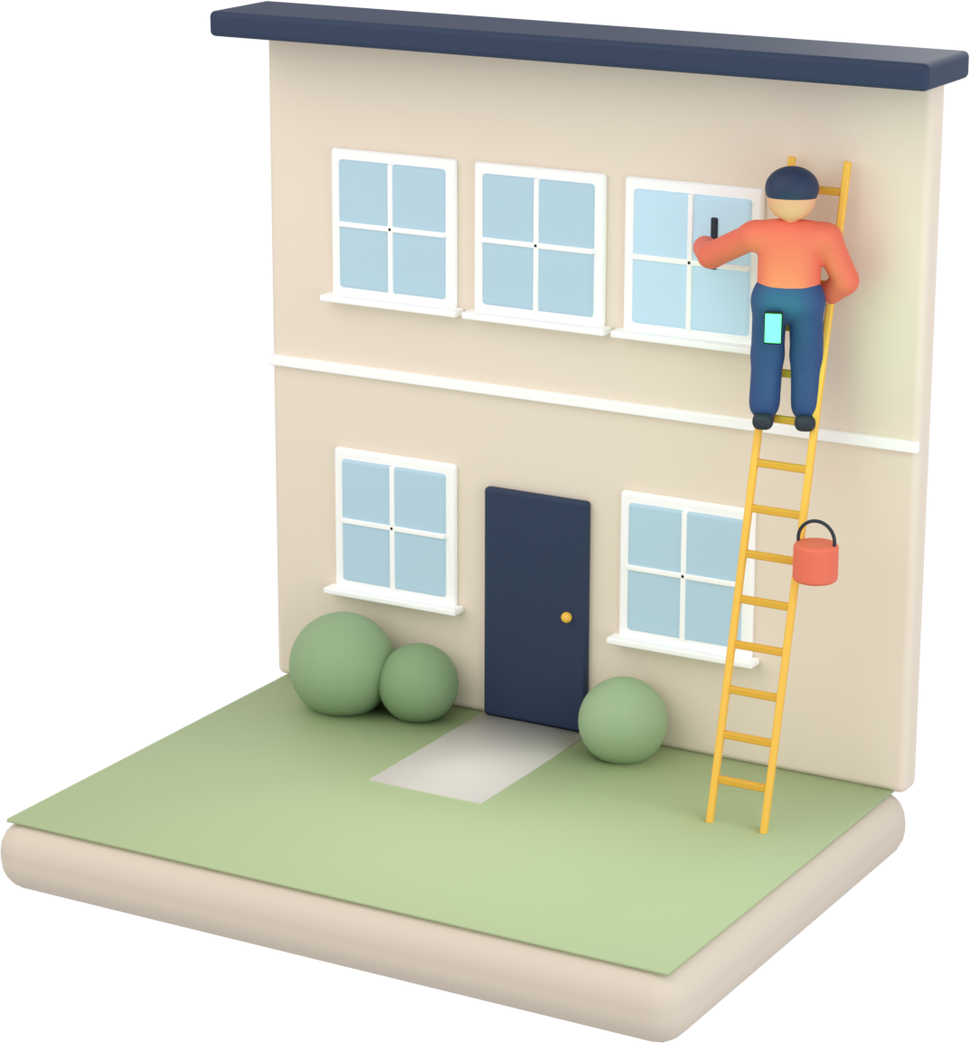 a window washer on a ladder on the job while Juniper handles the call